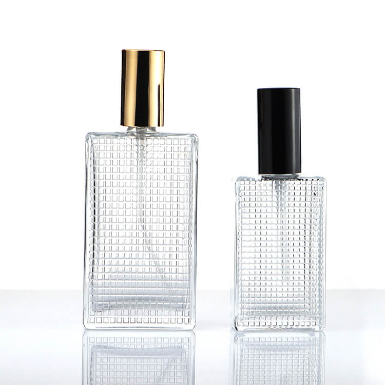 Plaid textured Flat Square 50ml 100ml Men' s Perfume Glass Bottle - Xuzhou OLU Daily Products Co., Ltd. Featured Image