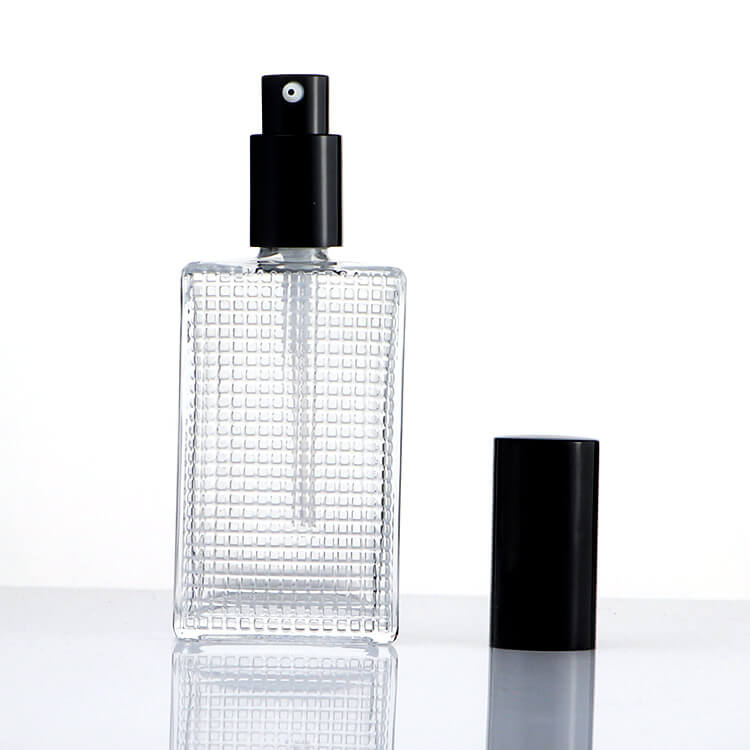 Plaid textured Flat Square 50ml 100ml Men' s Perfume Glass Bottle - Xuzhou OLU Daily Products Co., Ltd.