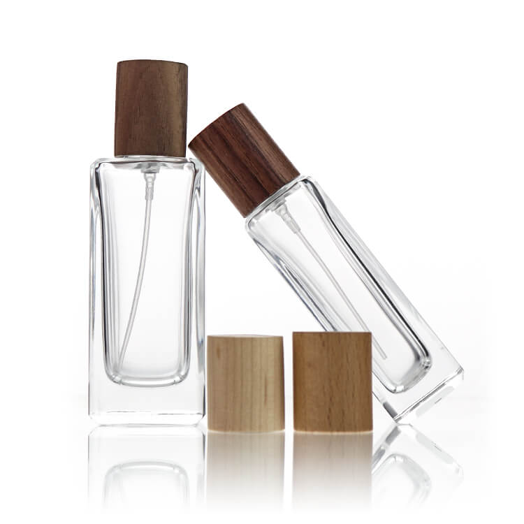 Wooden Lid 50ML Rectangle Fragrance Oil Body Mist Glass Pump Bottle