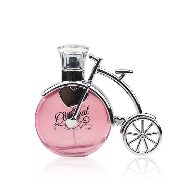 Customized Fancy Pink 50ml Bicycle Shaped Perfume Glass Bottle