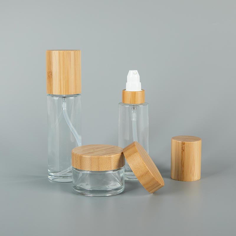 Bamboo Clear Skincare Lotion Glass Pump Bottles Cream Jars Set